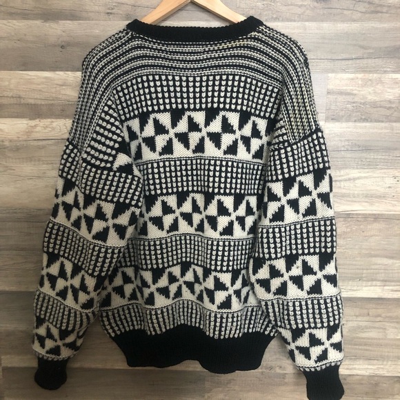 Vintage Britches Black and White Geometric Wool Knit Crewneck Sweater Large - Picture 10 of 11